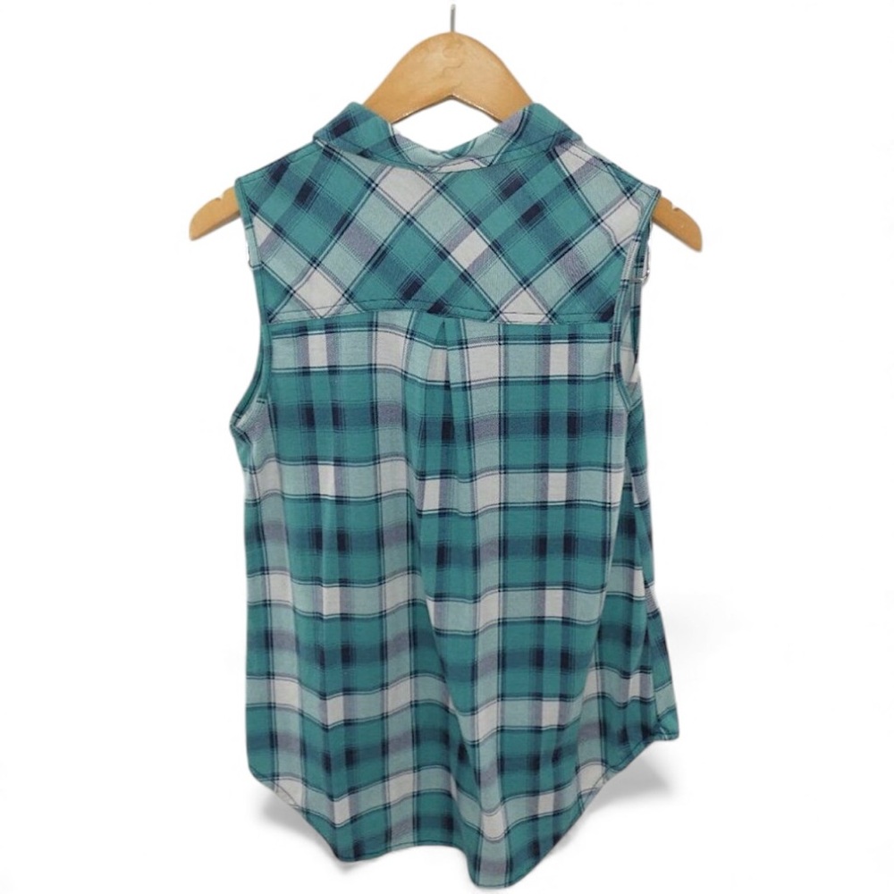 Passport Teal Plaid Sleeveless Button Up Collared Shirt Western Coastal Medium - Picture 3 of 6